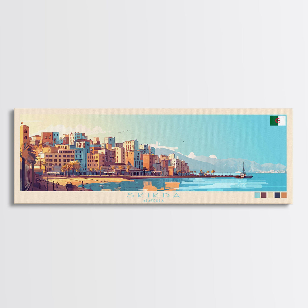 Skikda, Algeria Panoramic Travel Poster Canvas Print, Skikda, Algeria Painting, Algeria Art, Skikda Panoramic Travel Art, Travel Painting