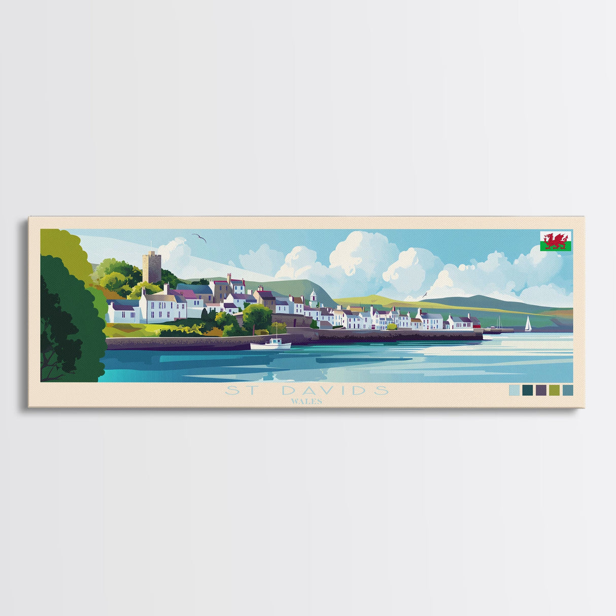 Panoramic Travel Poster St Davids, Wales Canvas Print, St Davids, Wales Painting, Wales Art, St Davids Travel Art, Guest Room Painting