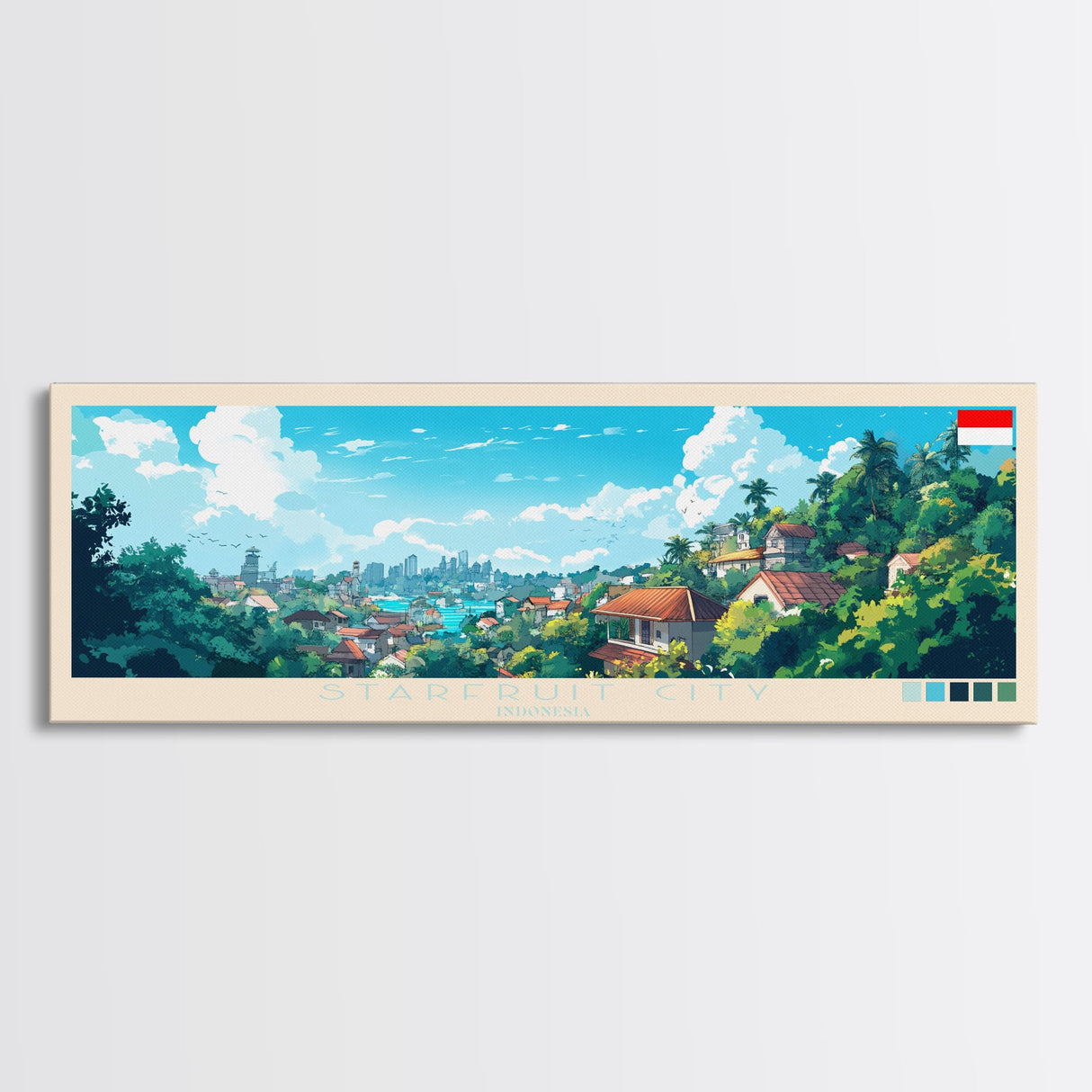 Starfruit City, Indonesia Panoramic Travel Poster Canvas Print, Starfruit City, Indonesia Painting, Indonesia Art, Starfruit City Panoramic Travel Art, Travel Painting