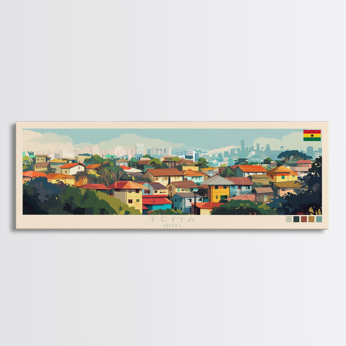 Tema, Ghana Panoramic Travel Poster Canvas Print, Tema, Ghana Painting, Ghana Art, Tema Panoramic Travel Art, Travel Painting