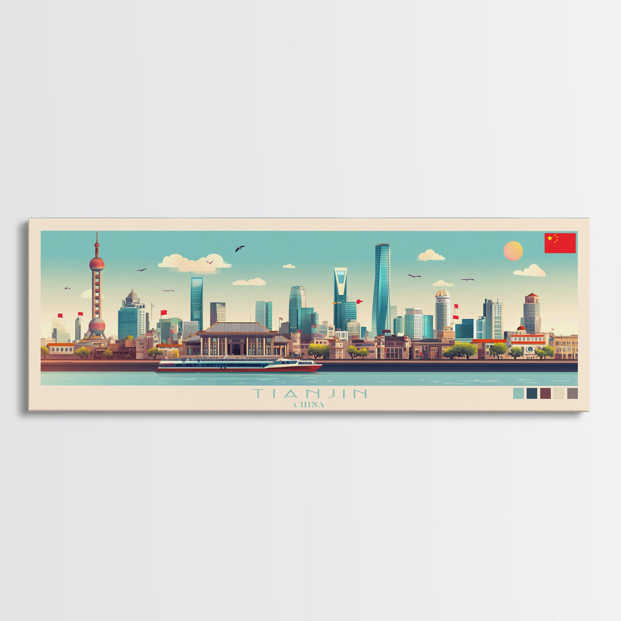 Panoramic Travel Poster Tianjin, China Canvas Print, Tianjin, China Painting, China Art, Tianjin Travel Art, Guest Room Painting