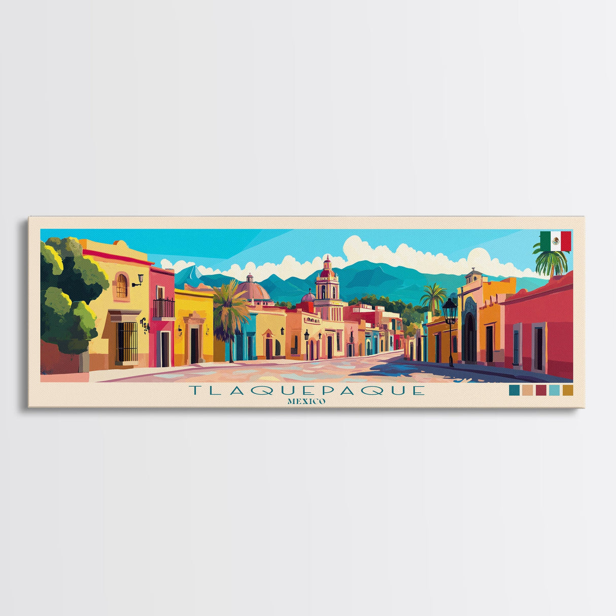 Tlaquepaque, Mexico Panoramic Travel Poster Canvas Print, Tlaquepaque, Mexico Painting, Mexico Art, Tlaquepaque Panoramic Travel Art, Travel Painting