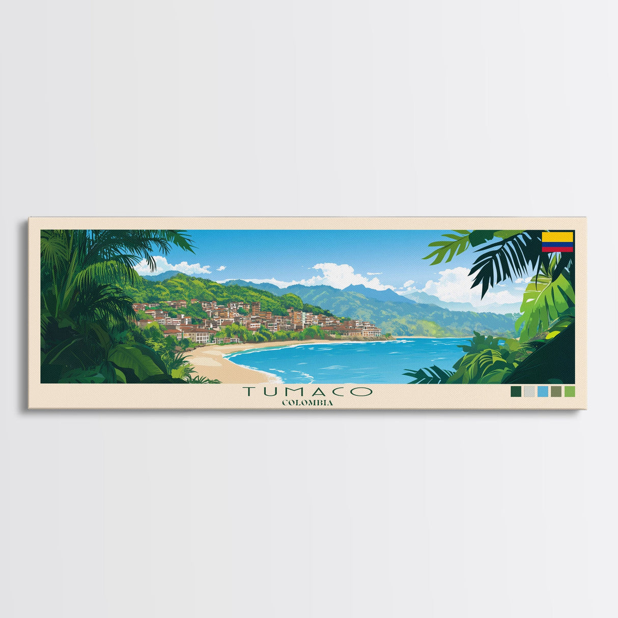 Tumaco, Colombia Panoramic Travel Poster Canvas Print, Tumaco, Colombia Painting, Colombia Art, Tumaco Panoramic Travel Art, Travel Painting