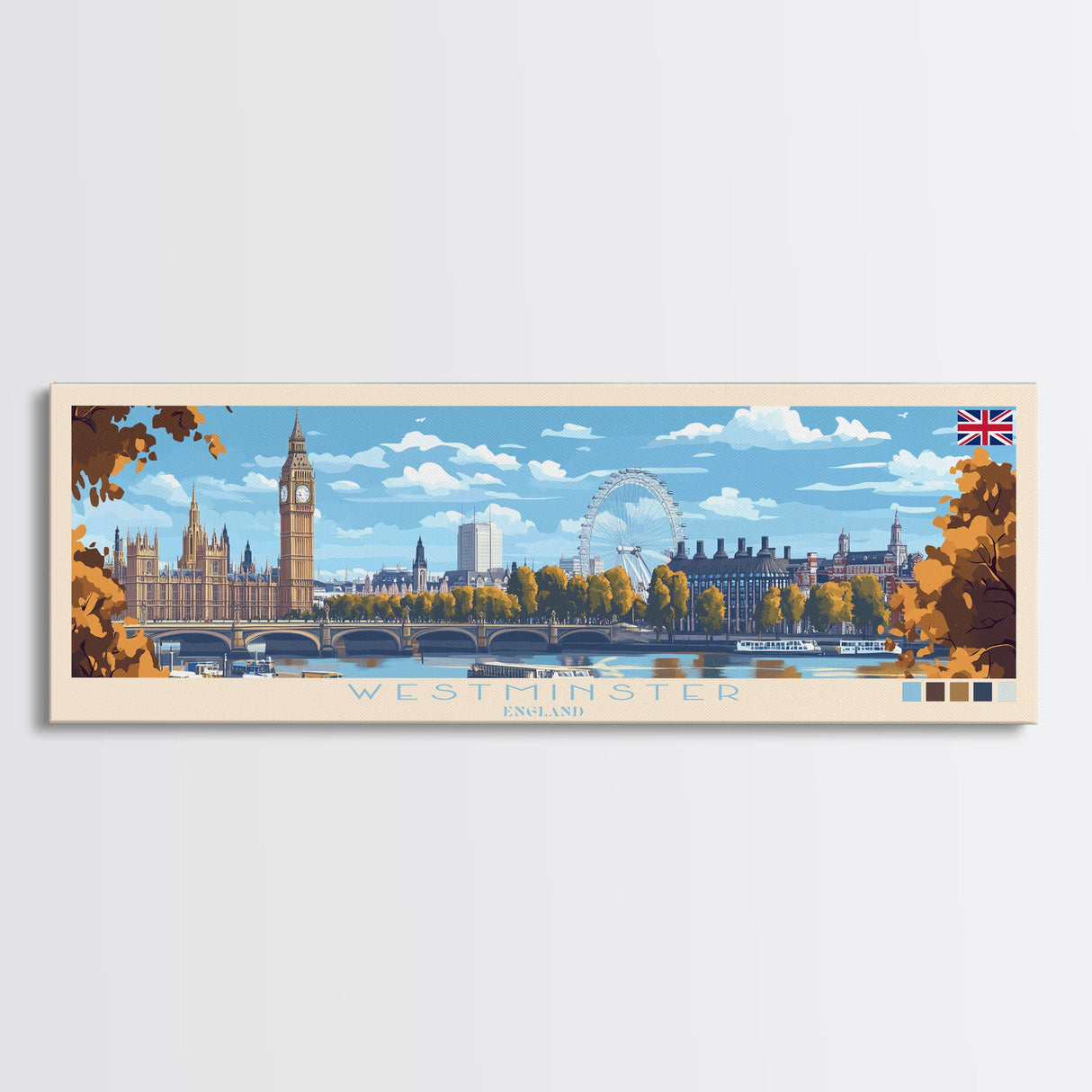 Westminster, England Panoramic Travel Poster Canvas Print, Westminster, England Painting, England Art, Westminster Travel Art, Living Room Painting