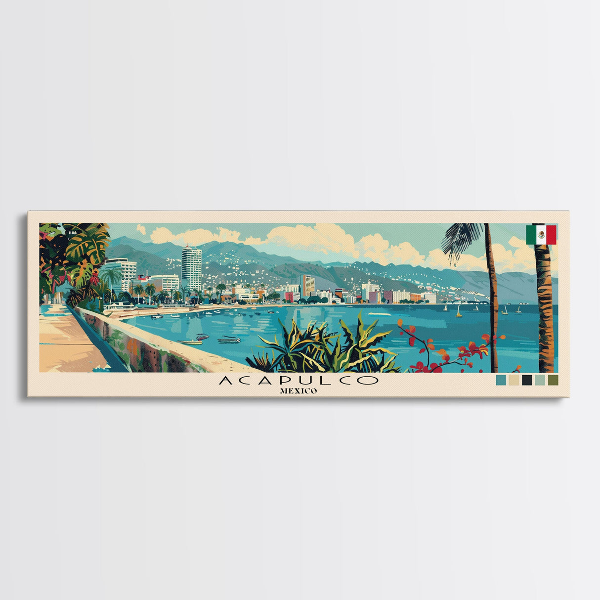 Acapulco, Mexico Panoramic Canvas Print, Acapulco, Mexico Painting, Mexico Art, Acapulco Travel Poster, Travel Art, Guest Room Painting