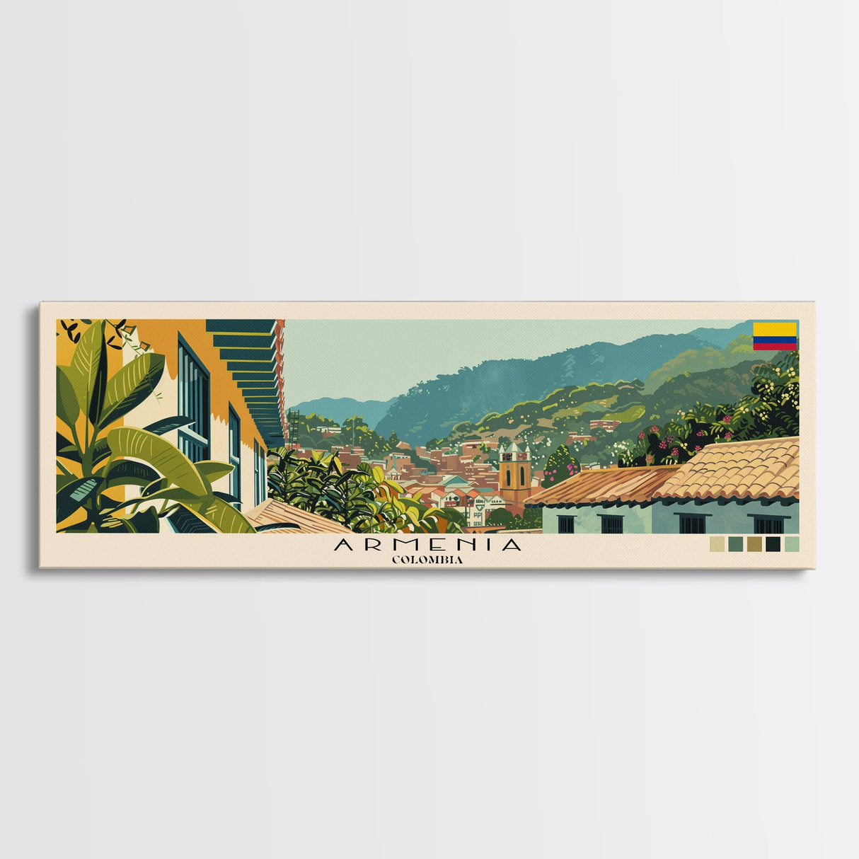 Armenia, Colombia Panoramic Canvas Print, Armenia, Colombia Painting, Colombia Art, Armenia Travel Poster, Travel Art, Vacation Gift