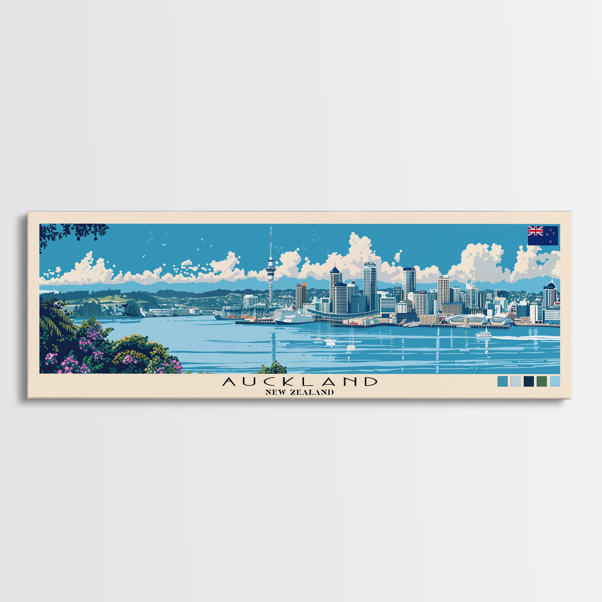 Auckland, New Zealand Panoramic Canvas Print, Auckland, New Zealand Painting, New Zealand Art, Auckland Travel Poster, Travel Art, Vacation Gift