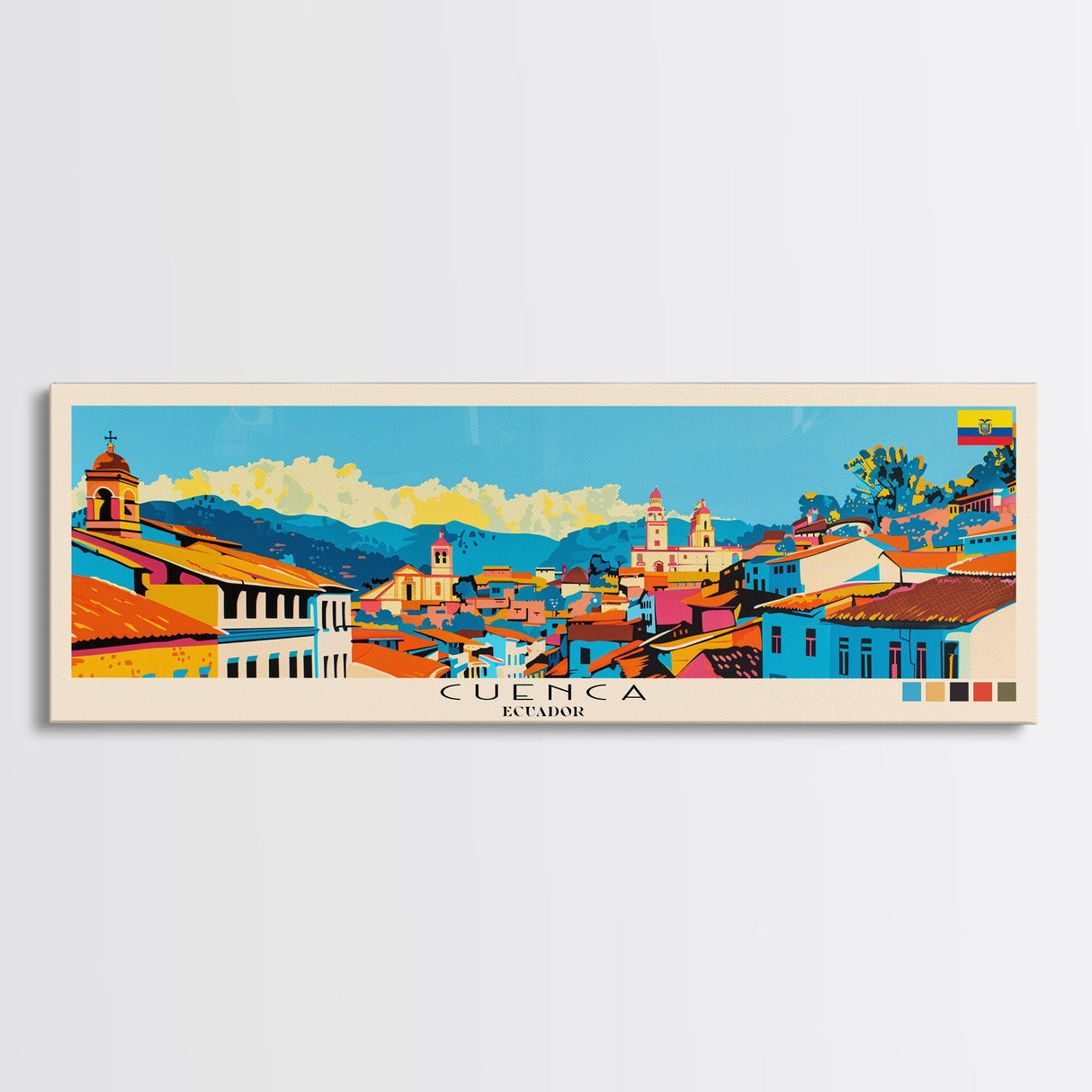 Cuenca, Ecuador Panoramic Canvas Print, Cuenca, Ecuador Painting, Ecuador Art, Cuenca Travel Poster, Travel Art, Guest Room Painting