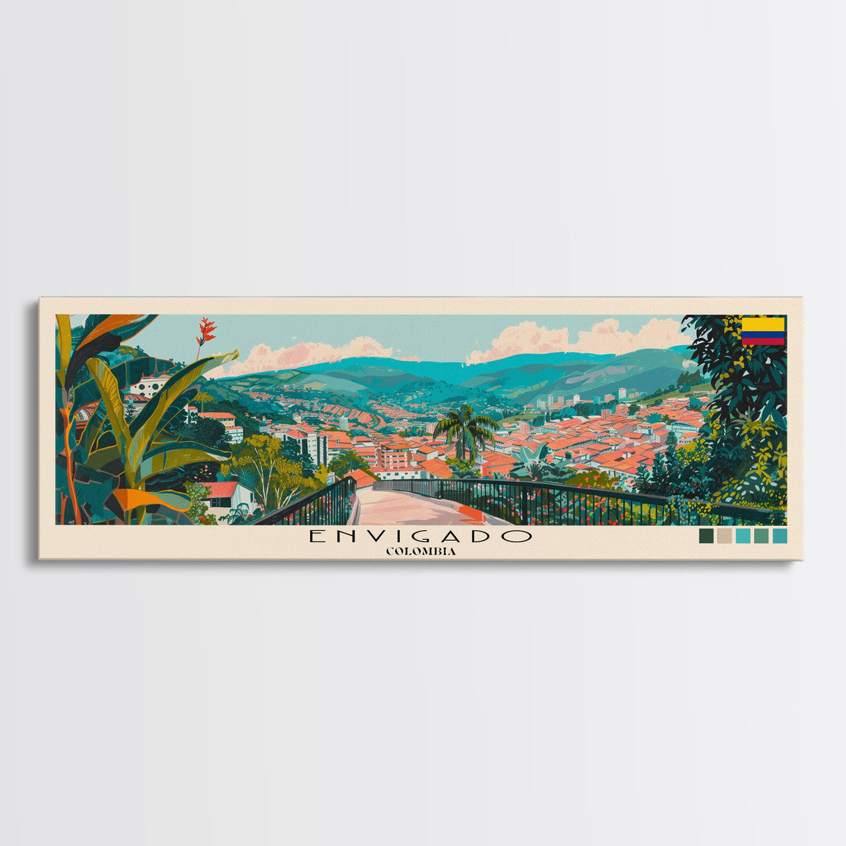 Envigado, Colombia Panoramic Canvas Print, Envigado, Colombia Painting, Colombia Art, Envigado Travel Poster, Travel Art, Guest Room Painting