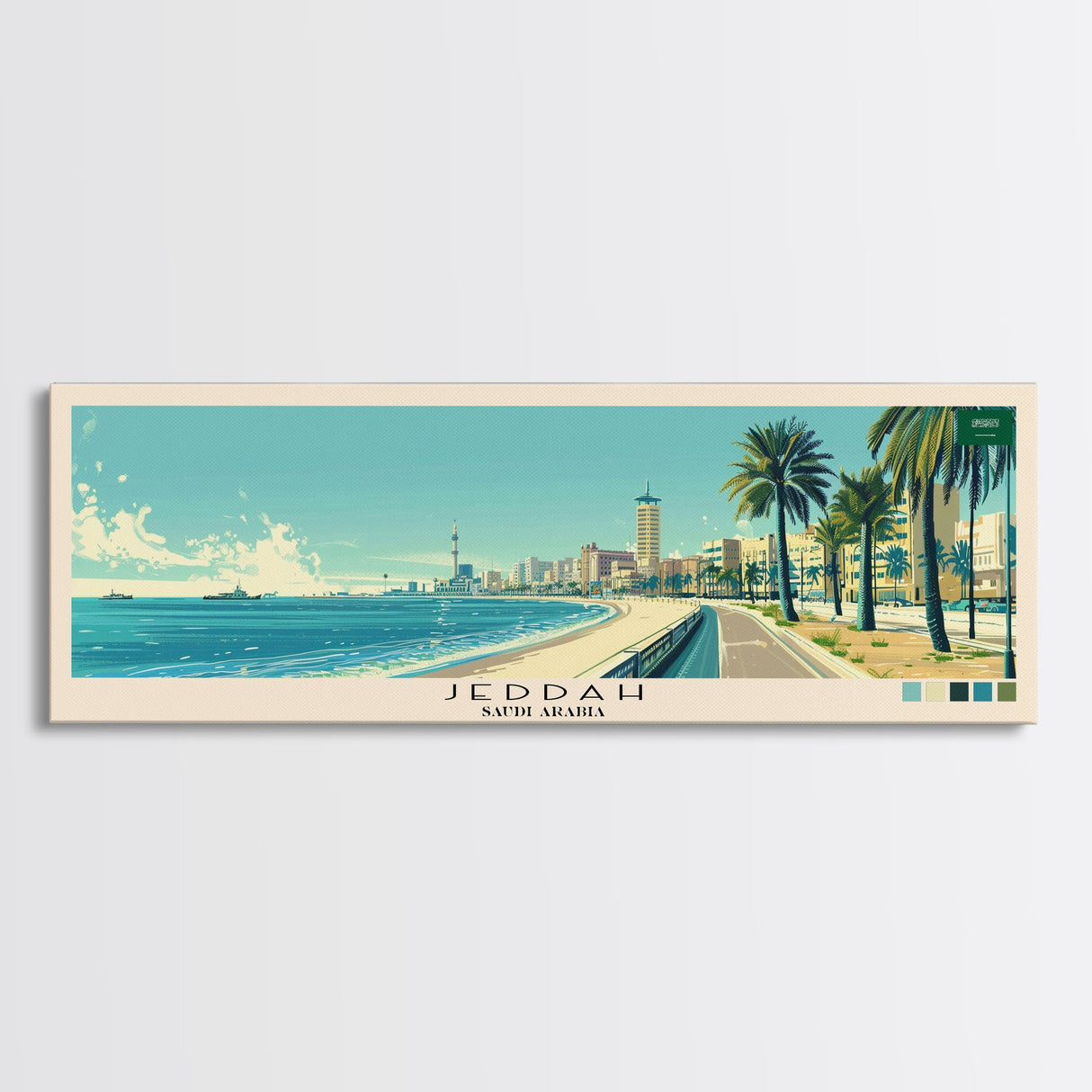 Jeddah, Saudi Arabia Panoramic Canvas Print, Jeddah, Saudi Arabia Painting, Saudi Arabia Art, Jeddah Travel Poster, Travel Art, Guest Room Painting