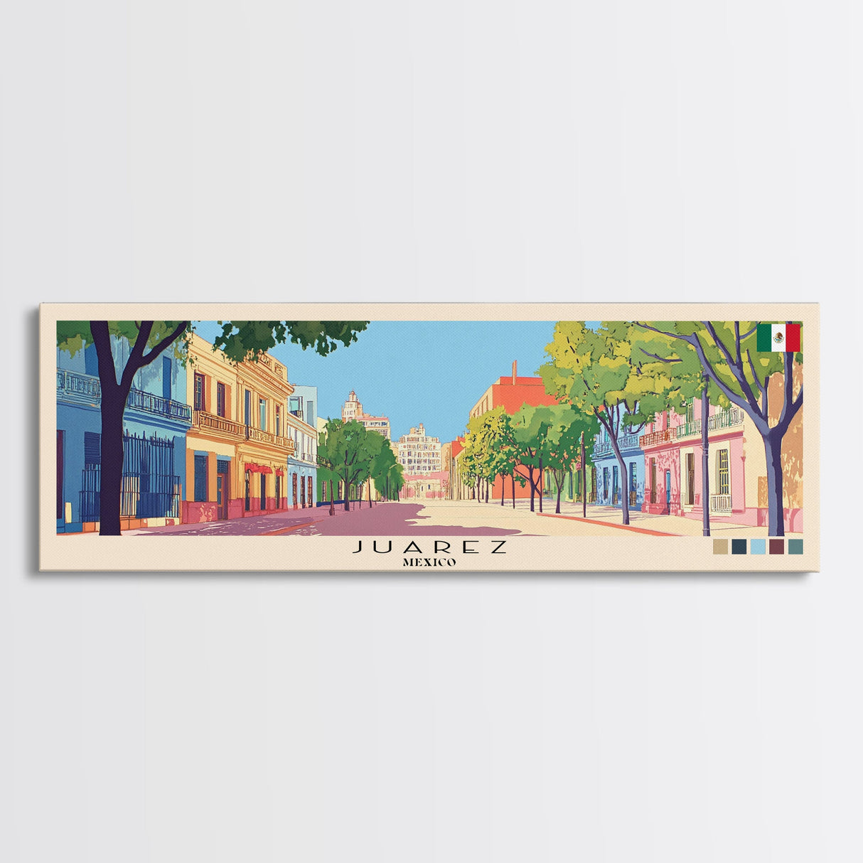 Juarez, Mexico Panoramic Canvas Print, Juarez, Mexico Painting, Mexico Art, Juarez Travel Poster, Travel Art, Living Room Painting