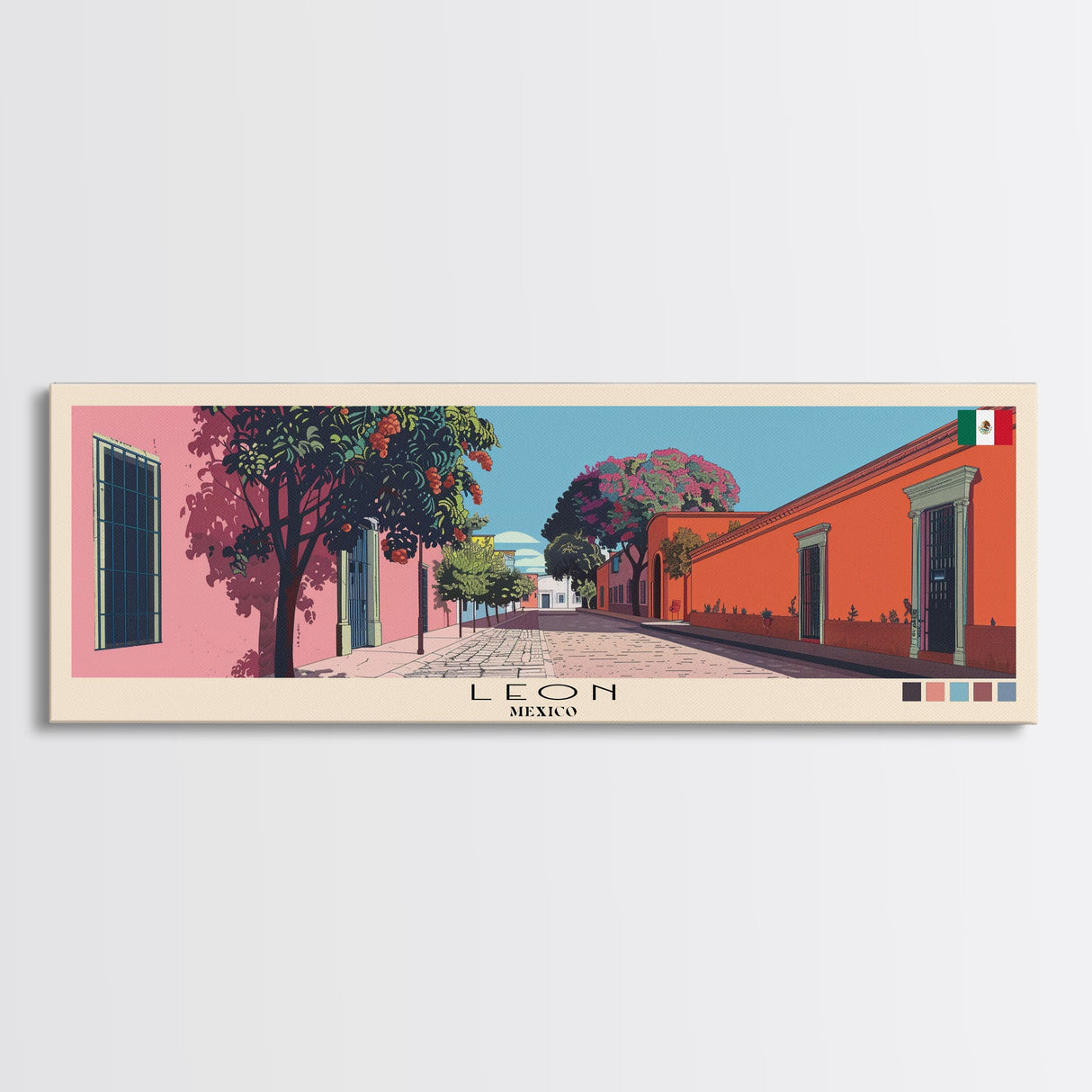 Leon, Mexico Panoramic Canvas Print, Leon, Mexico Painting, Mexico Art, Leon Travel Poster, Travel Art, Vacation Gift