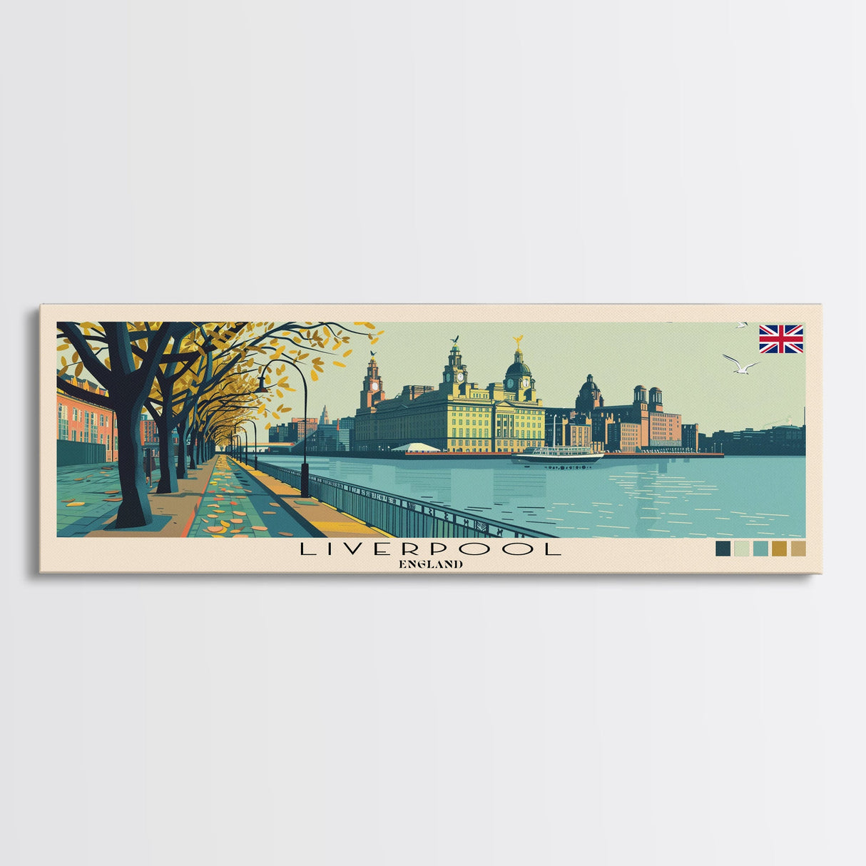 Liverpool, England Panoramic Canvas Print, Liverpool, England Painting, England Art, Liverpool Travel Poster, Travel Art, Guest Room Painting