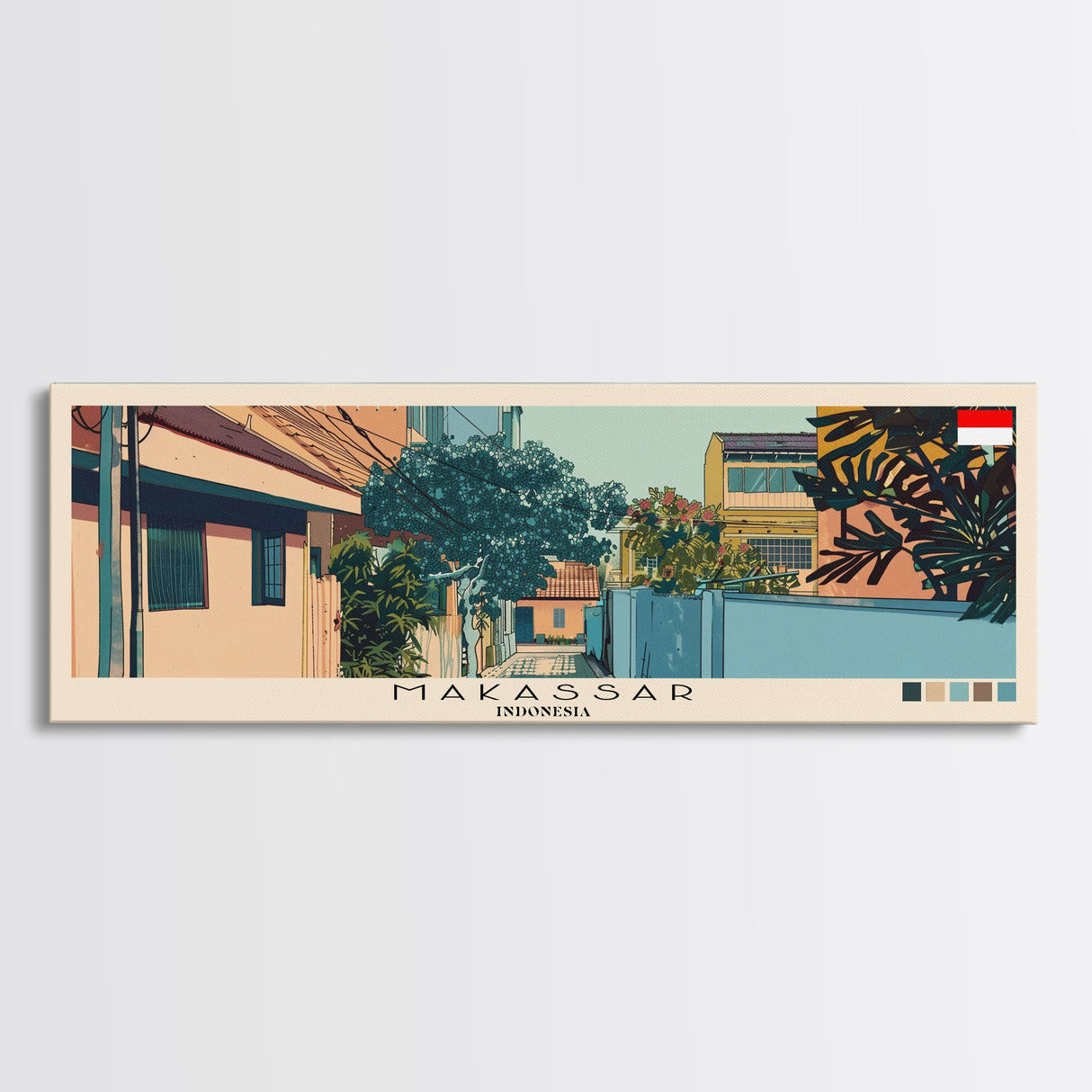 Makassar, Indonesia Panoramic Canvas Print, Makassar, Indonesia Painting, Indonesia Art, Makassar Travel Poster, Travel Art, Guest Room Painting