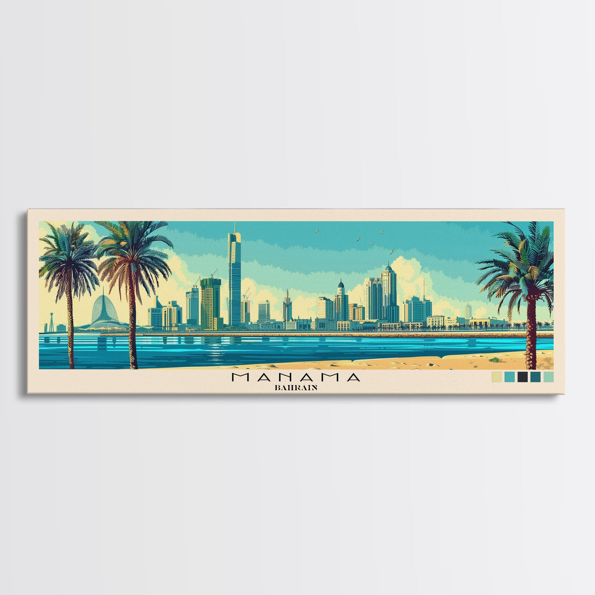 Manama, Bahrain Panoramic Canvas Print, Manama, Bahrain Painting, Bahrain Art, Manama Travel Poster, Travel Art, Guest Room Painting