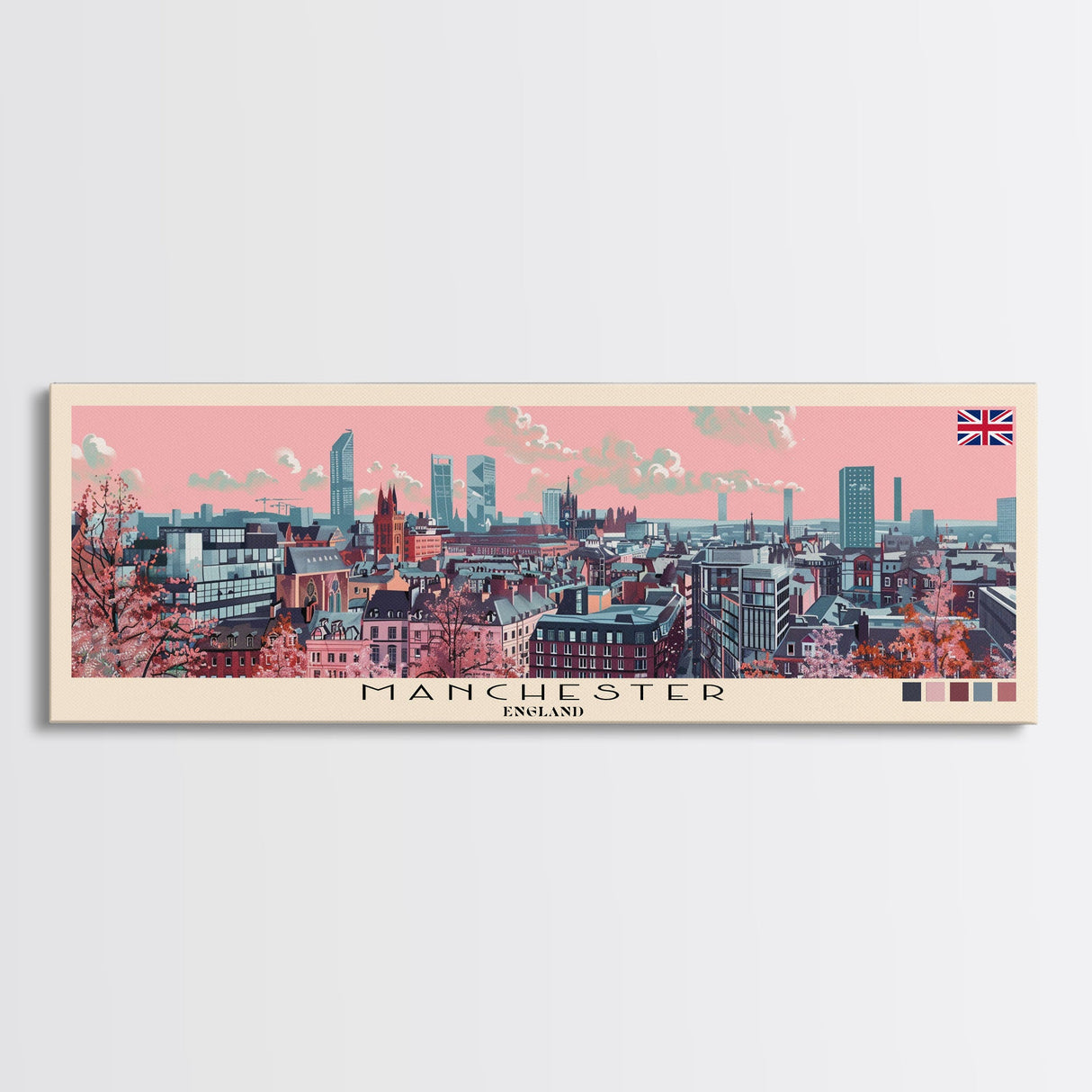 Manchester, England Panoramic Canvas Print, Manchester, England Painting, England Art, Manchester Travel Poster, Travel Art, Vacation Gift