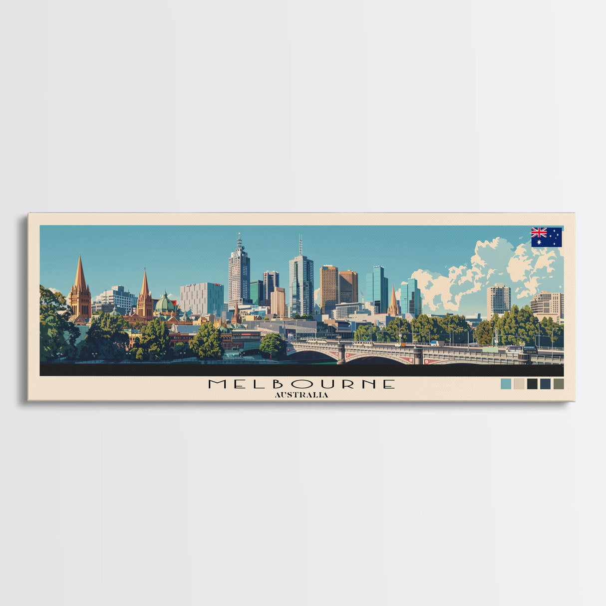 Melbourne, Australia Panoramic Canvas Print, Melbourne, Australia Painting, Australia Art, Melbourne Travel Poster, Travel Art, Guest Room Painting