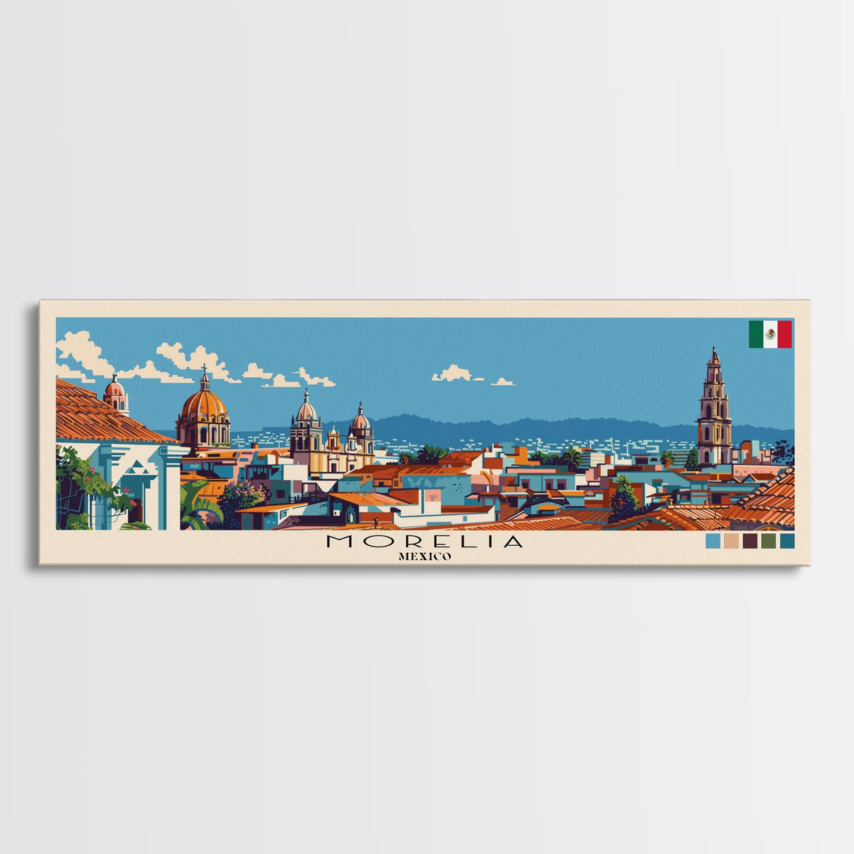 Morelia, Mexico Panoramic Canvas Print, Morelia, Mexico Painting, Mexico Art, Morelia Travel Poster, Travel Art, Vacation Gift