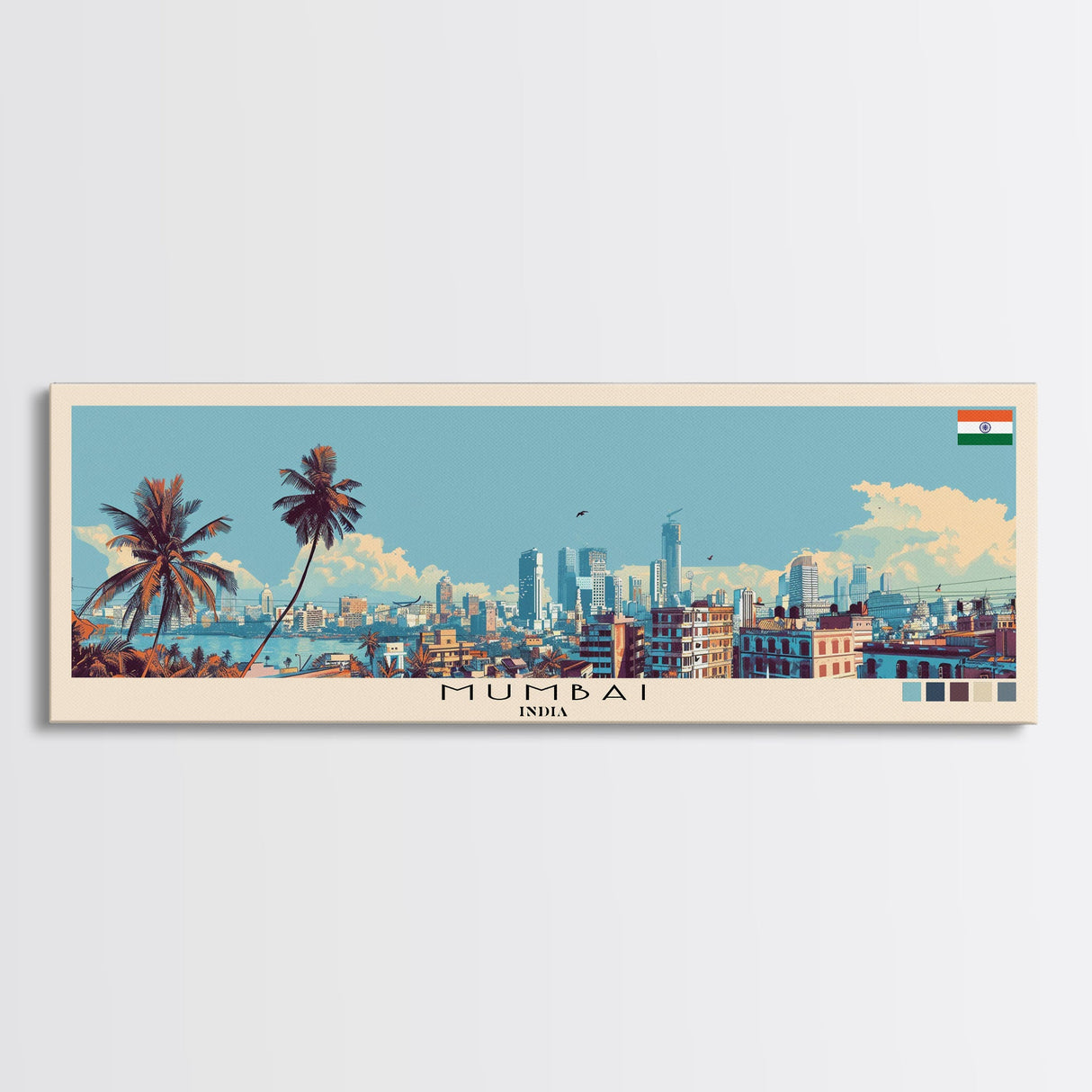 Mumbai, India Panoramic Canvas Print, Mumbai, India Painting, India Art, Mumbai Travel Poster, Travel Art, Guest Room Painting