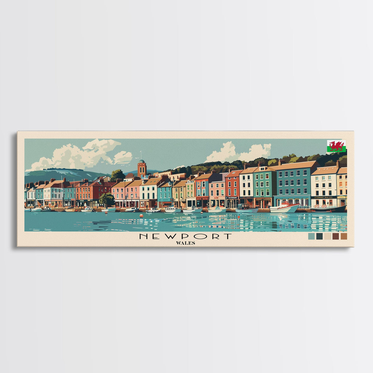 Newport, Wales Panoramic Canvas Print, Newport, Wales Painting, Wales Art, Newport Travel Poster, Travel Art, Housewarming Gift