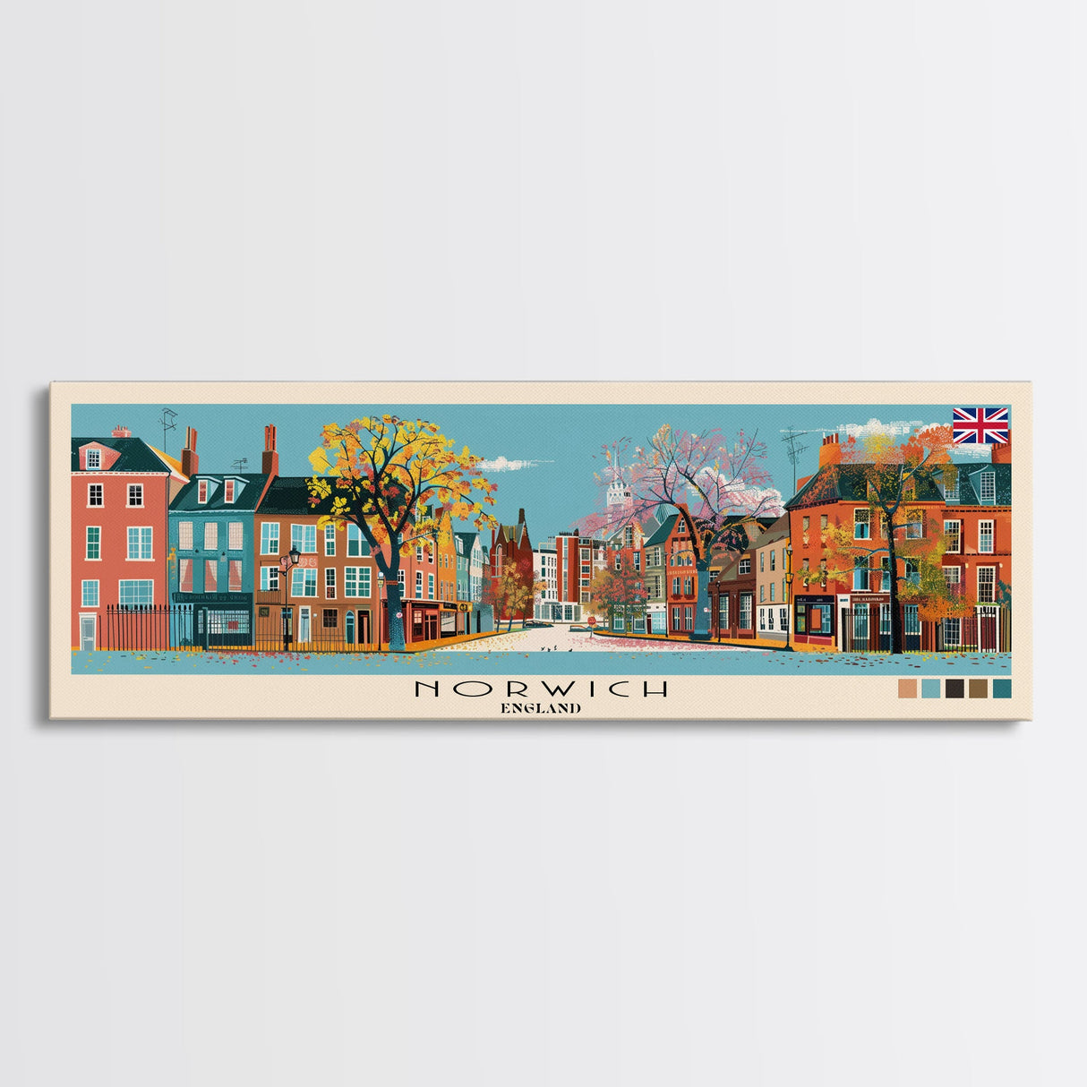 Norwich, England Panoramic Canvas Print, Norwich, England Painting, England Art, Norwich Travel Poster, Travel Art, Vacation Gift