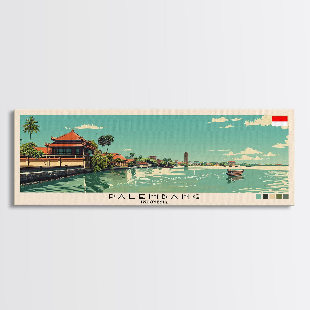 Palembang, Indonesia Panoramic Canvas Print, Palembang, Indonesia Painting, Indonesia Art, Palembang Travel Poster, Travel Art, Guest Room Painting