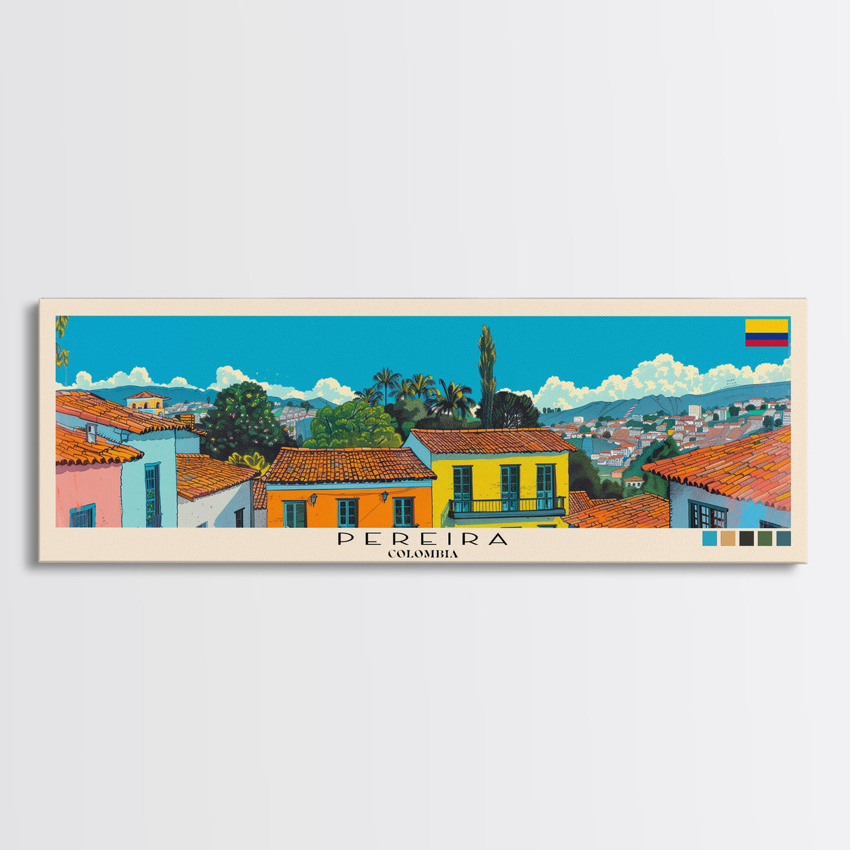 Pereira, Colombia Panoramic Canvas Print, Pereira, Colombia Painting, Colombia Art, Pereira Travel Poster, Travel Art, Guest Room Painting