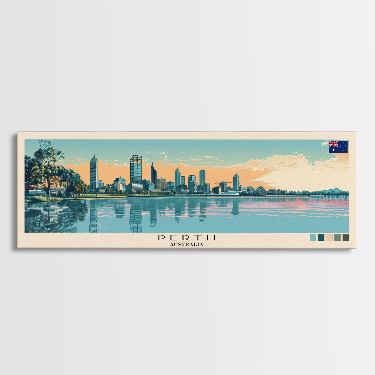 Perth, Australia Panoramic Canvas Print, Perth, Australia Painting, Australia Art, Perth Travel Poster, Travel Art, Vacation Gift