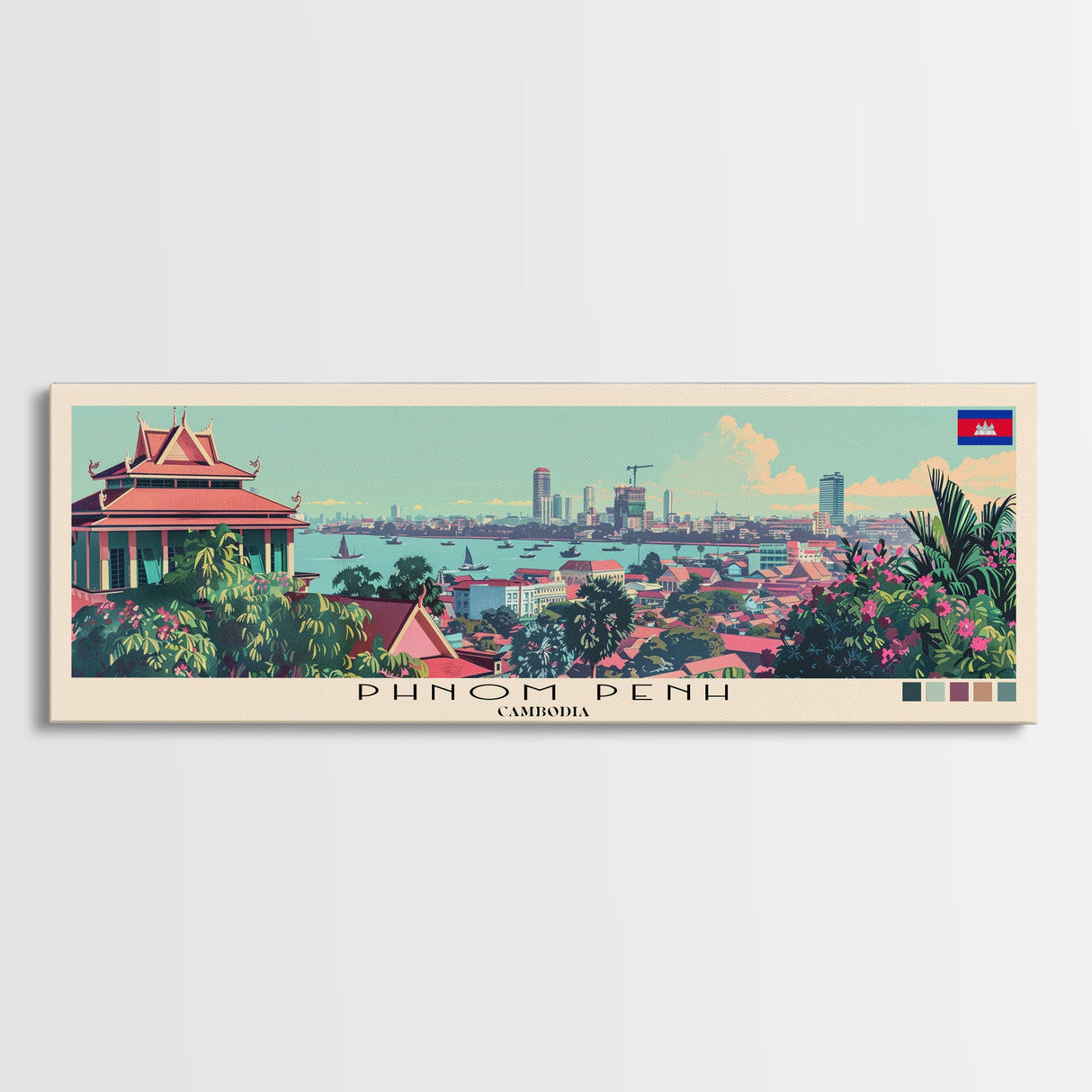 Phnom Penh, Cambodia Panoramic Canvas Print, Phnom Penh, Cambodia Painting, Cambodia Art, Phnom Penh Travel Poster, Travel Art, Guest Room Painting