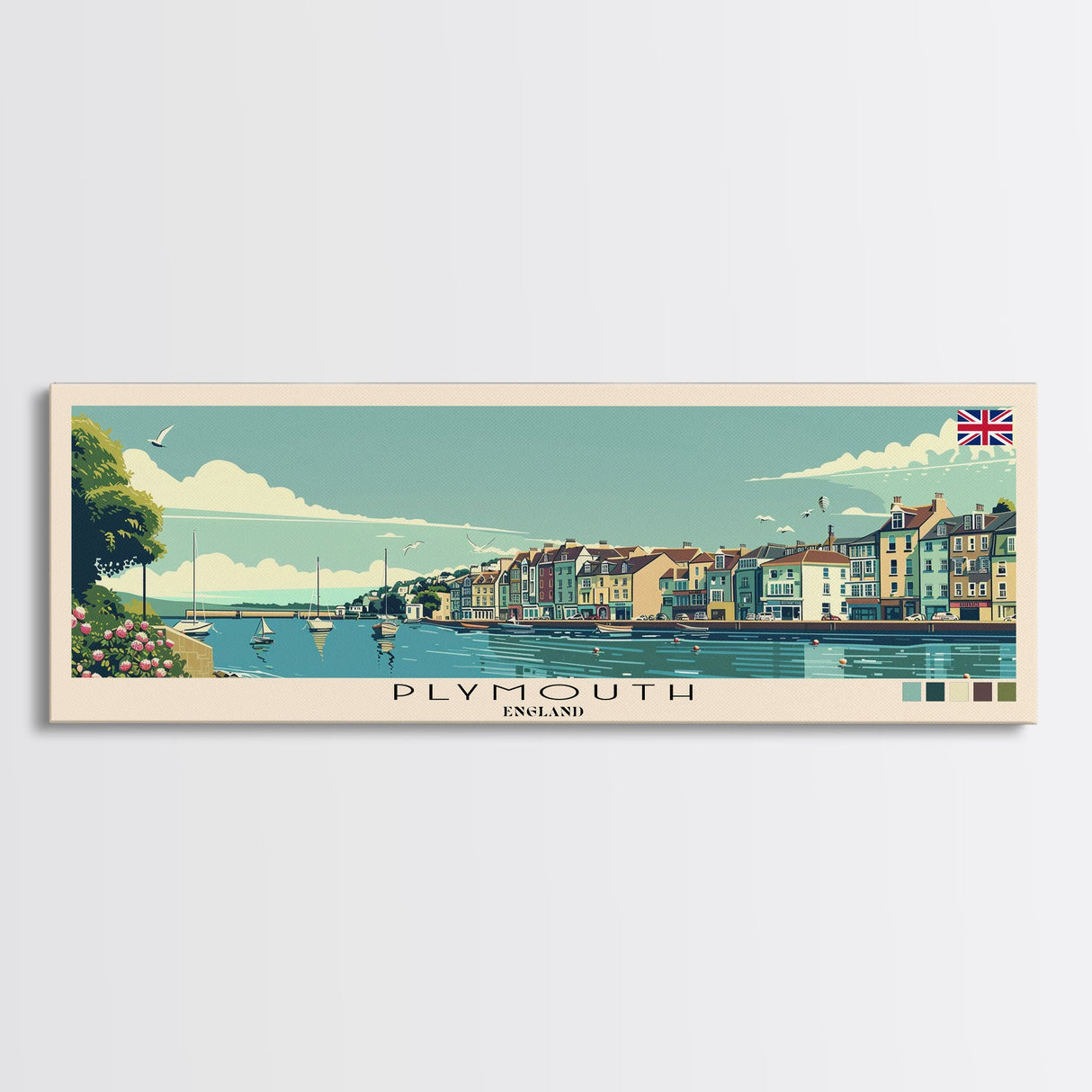 Plymouth, England Panoramic Canvas Print, Plymouth, England Painting, England Art, Plymouth Travel Poster, Travel Art, Guest Room Painting