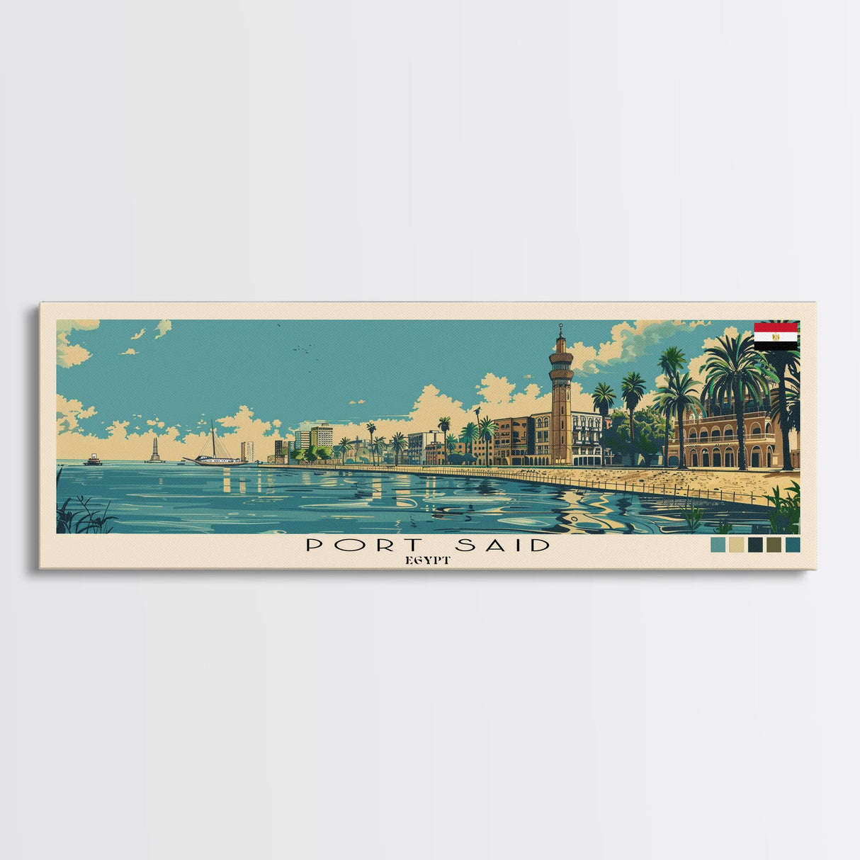 Port Said, Egypt Panoramic Canvas Print, Port Said, Egypt Painting, Egypt Art, Port Said Travel Poster, Travel Art, Guest Room Painting