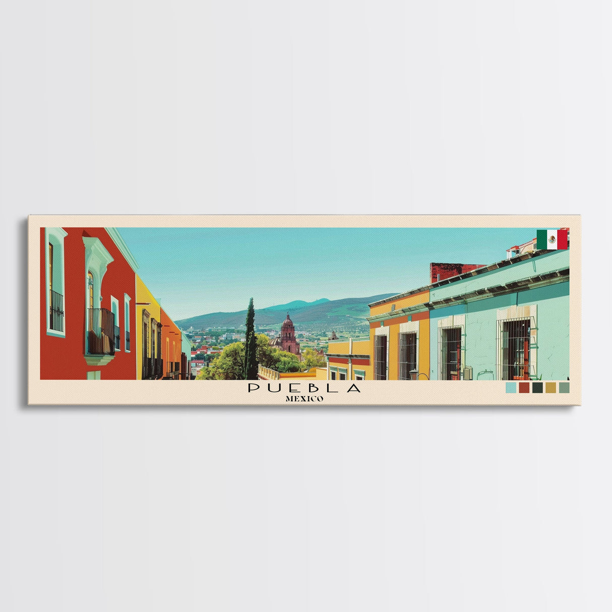 Puebla, Mexico Panoramic Canvas Print, Puebla, Mexico Painting, Mexico Art, Puebla Travel Poster, Travel Art, Living Room Painting