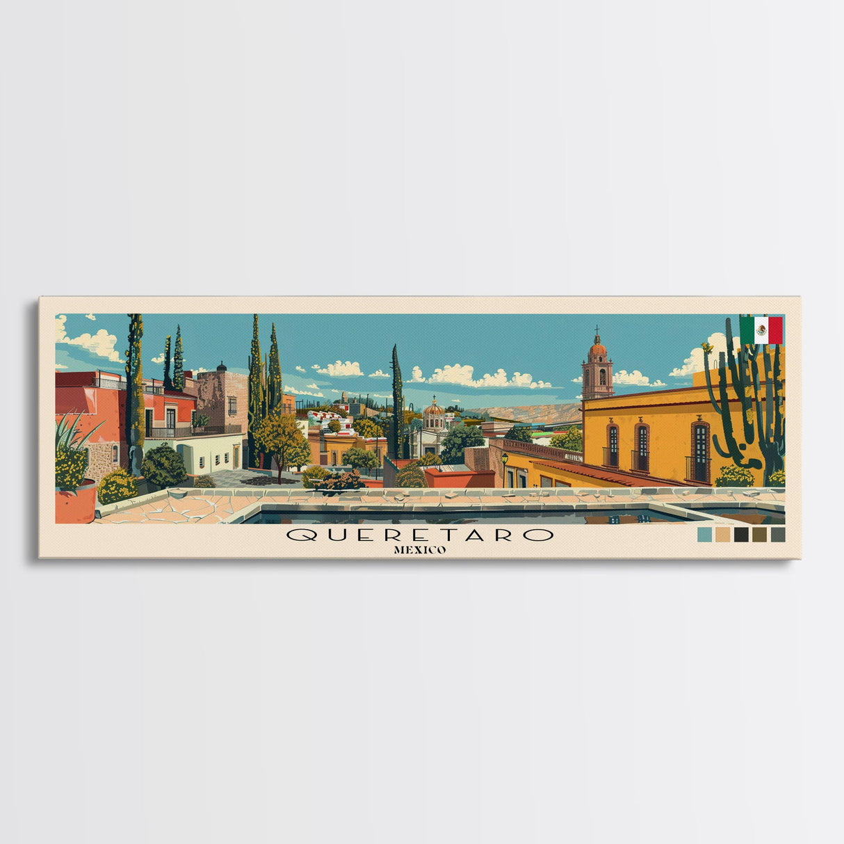 Queretaro, Mexico Panoramic Canvas Print, Queretaro, Mexico Painting, Mexico Art, Queretaro Travel Poster, Travel Art, Living Room Painting