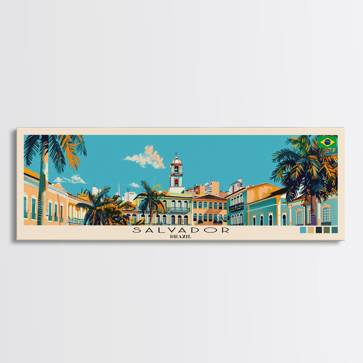 Salvador, Brazil Panoramic Canvas Print, Salvador, Brazil Painting, Brazil Art, Salvador Travel Poster, Travel Art, Guest Room Painting