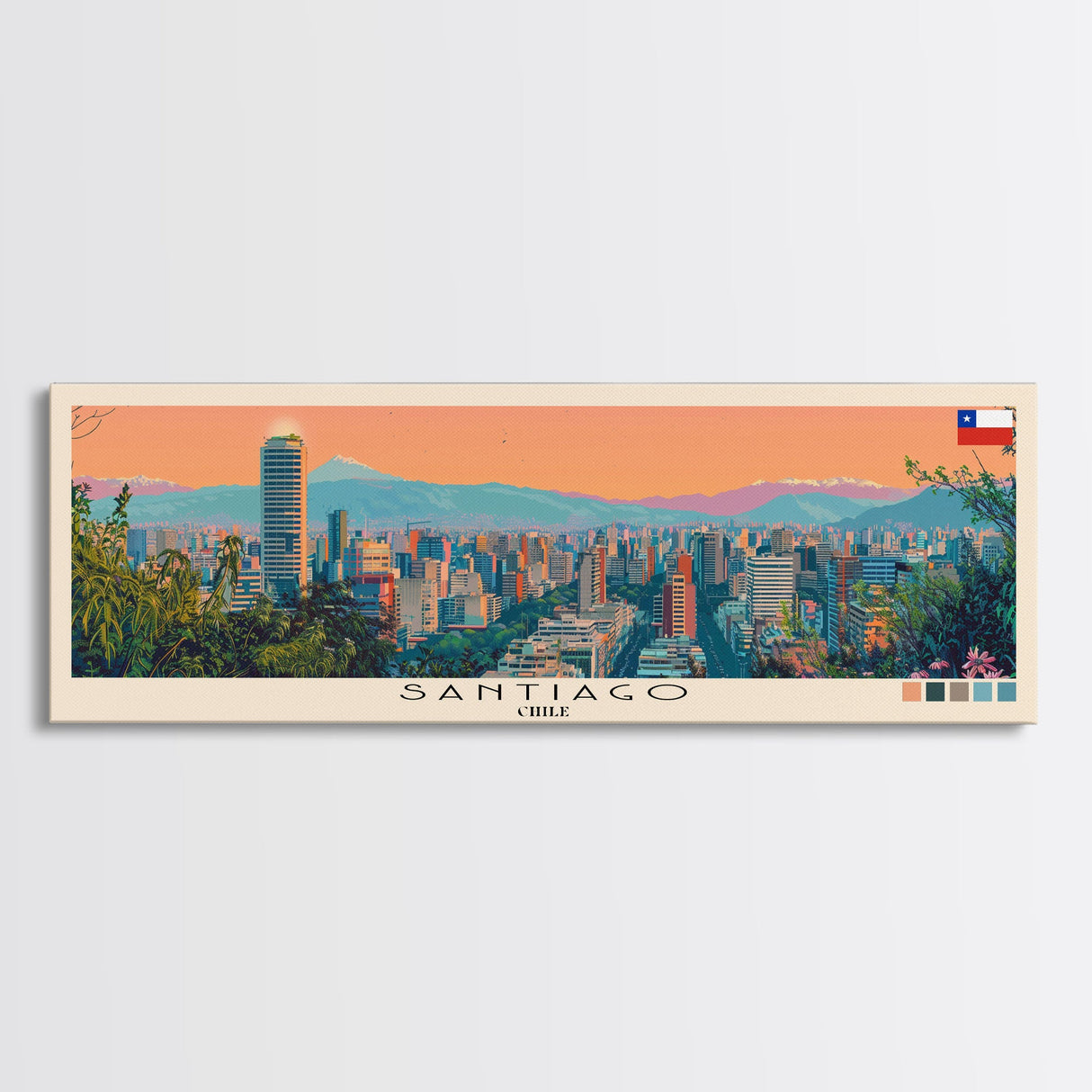 Santiago, Chile Panoramic Canvas Print, Santiago, Chile Painting, Chile Art, Santiago Travel Poster, Travel Art, Vacation Gift