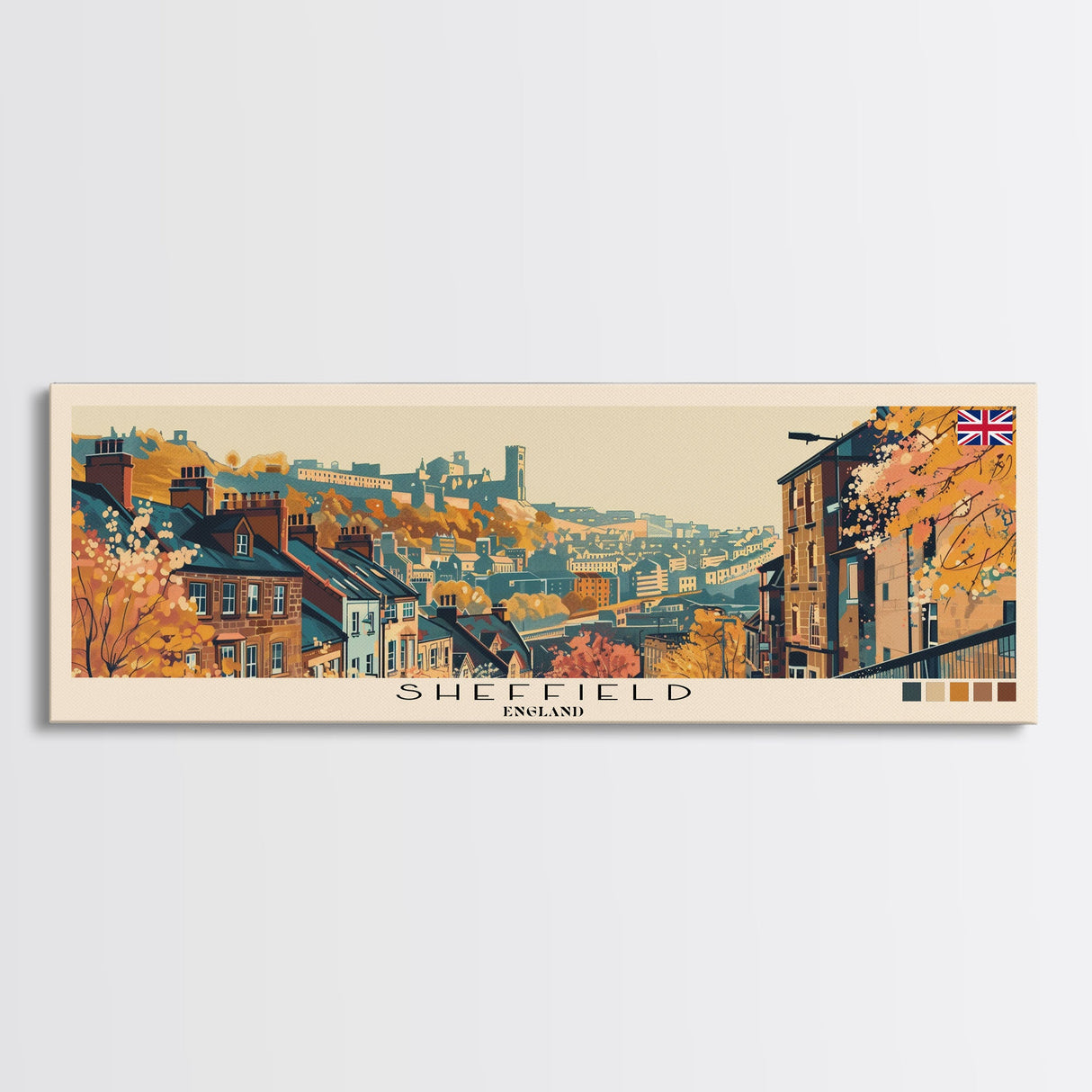 Sheffield, England Panoramic Canvas Print, Sheffield, England Painting, England Art, Sheffield Travel Poster, Travel Art, Guest Room Painting