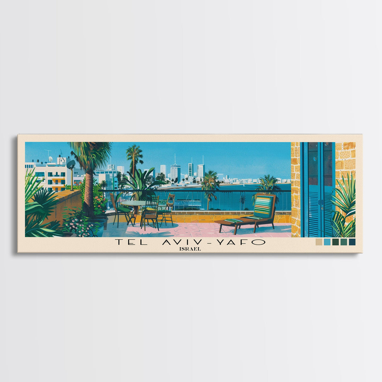 Tel Aviv-Yafo, Israel Panoramic Canvas Print, Tel Aviv-Yafo, Israel Painting, Israel Art, Tel Aviv-Yafo Travel Poster, Travel Art, Living Room Painting