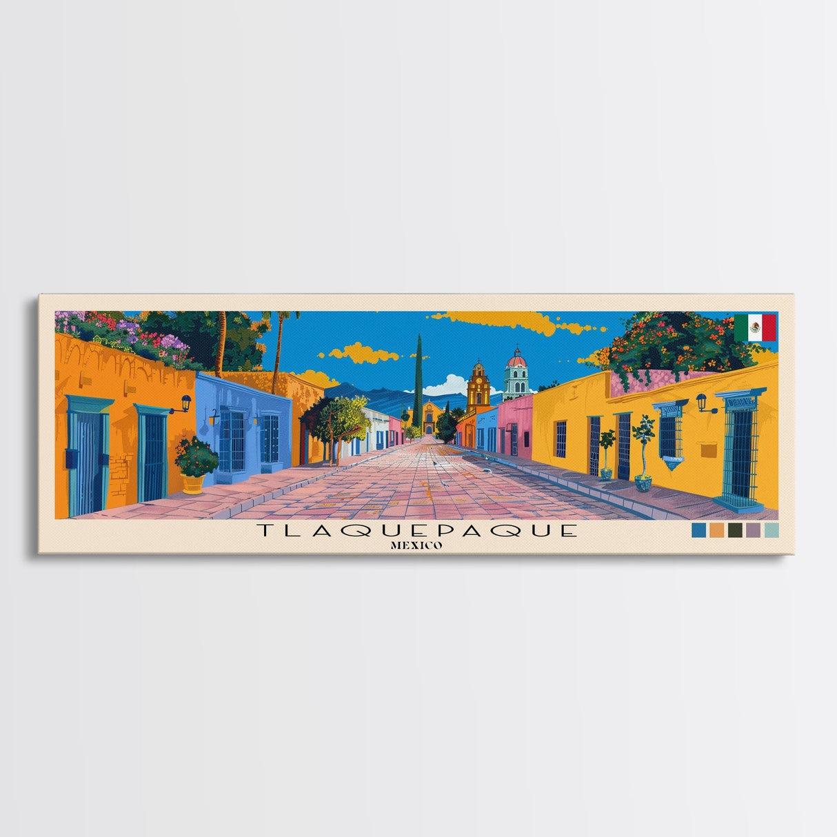 Tlaquepaque, Mexico Panoramic Canvas Print, Tlaquepaque, Mexico Painting, Mexico Art, Tlaquepaque Travel Poster, Travel Art, Living Room Painting