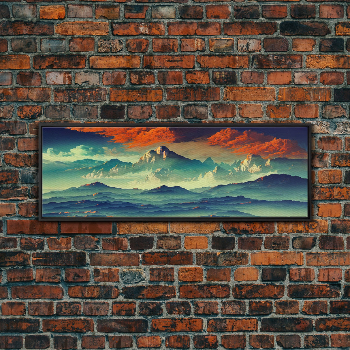 Beautiful Fantasy Mountain Landscape With Orange Clouds, Framed Canvas Print, Ready To Hang Panoramic Wall Decorr