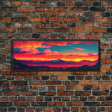 Panoramic Framed Canvas for Living Room, Bedroom - Synthwave Mountain Landscape Painting, Beautiful Landscape Art Print