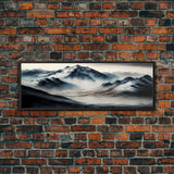 Panoramic Framed Canvas Print of Watercolor Snowy Mountain Lake Reflection Landscape Painting, Unique Landscape Wall Art