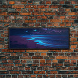 Night Moves, Retro Synthwave Beach Art, Framed Canvas Print, Starry night sky over the pacific ocean