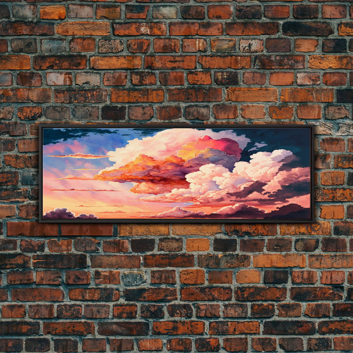 Panoramic Framed Canvas Print of Watercolor Panoramic Landscape Painting of Red & Pink Clouds at Sunset, Framed Wall Art