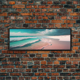 Panoramic Framed Canvas Print of Watercolor Beach Sunset Landscape Painting, Blue Ocean Waves, Tranquil Art, Peaceful Art