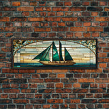 Panoramic Art Deco Sail Boat, Stained Glass, Early 20s Style Art, Roarin' 20s Art, Nautical Theme Framed Canvas Print, Extra Large Art