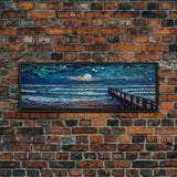 Panoramic Van Gogh Inspired Beach, Framed Canvas Print, Cool Painting, Full Moon Over Rolling Waves, Soothing Abstract Beach Decor