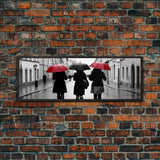 Red And Black Umbrellas, Women Walking On Street, City Art, Wall Decor, Large Urban Canvas Art Print, Panoramic, Wall Art, Canvas Print