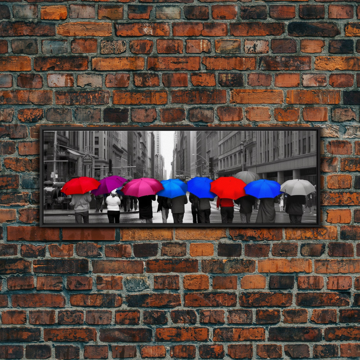 Pink Red Blue Purple Colored Umbrellas, People Walking On Street, City Art, Urban Canvas Art Print, Panoramic, Wall Art, Canvas Print