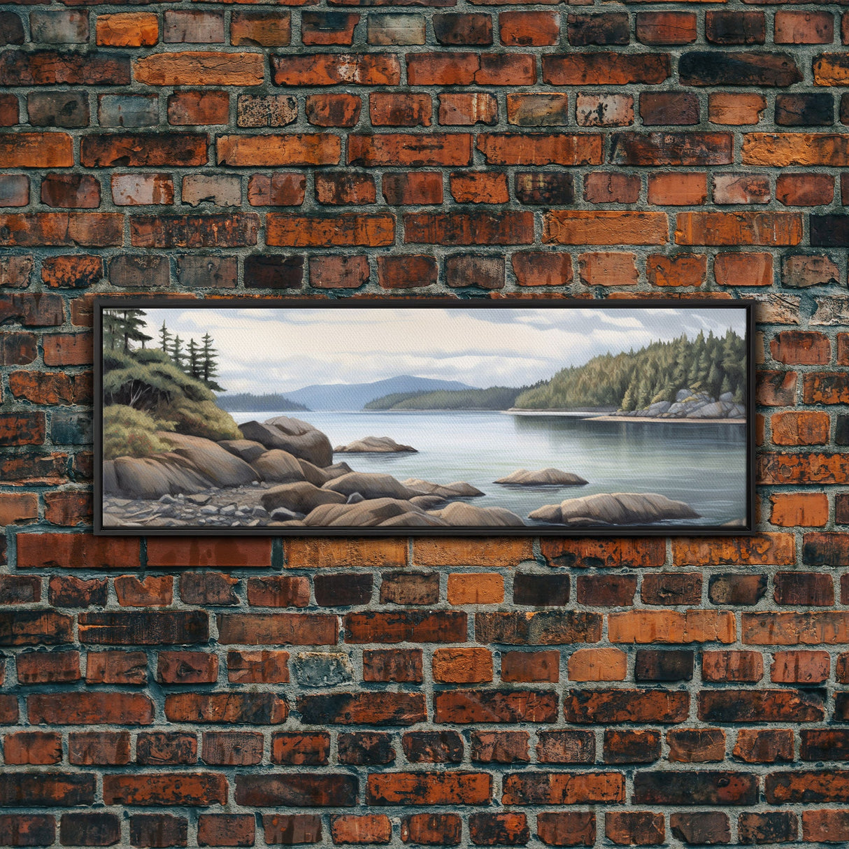 Colored Pencil Landscape Wall Art Print, Lake, Riverbank, River, Trees, Mountain, Large Canvas Art Print, Panoramic, Wall Art, Canvas Print