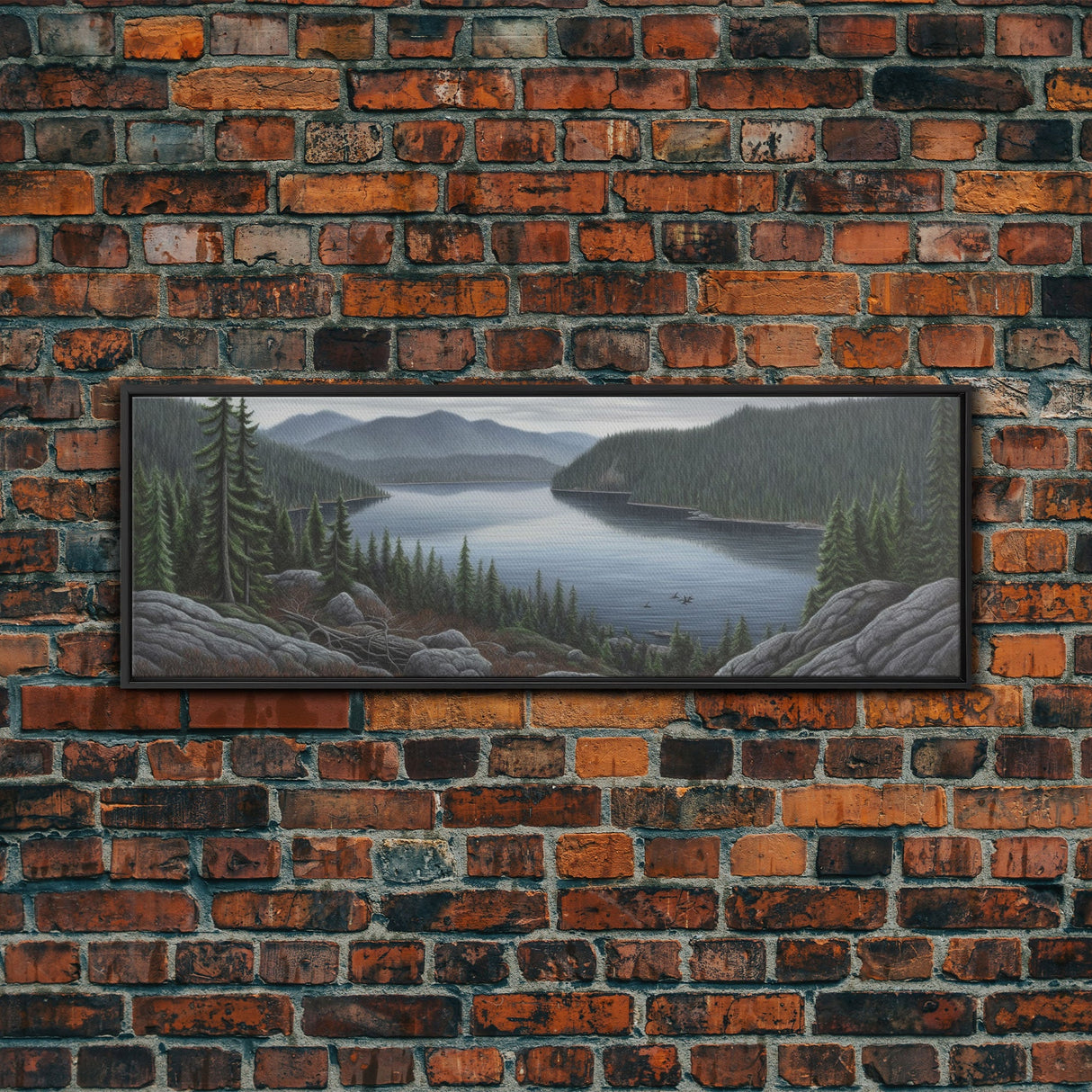 Lake Landscape Wall Art Print, Trees, Mountain, Reflection, Colored Pencil Large Canvas Art Print, Panoramic, Wall Art, Canvas Print